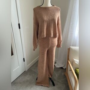 By Together Tan Wide Leg Knit Pants and Matching Sweater Set Outfit